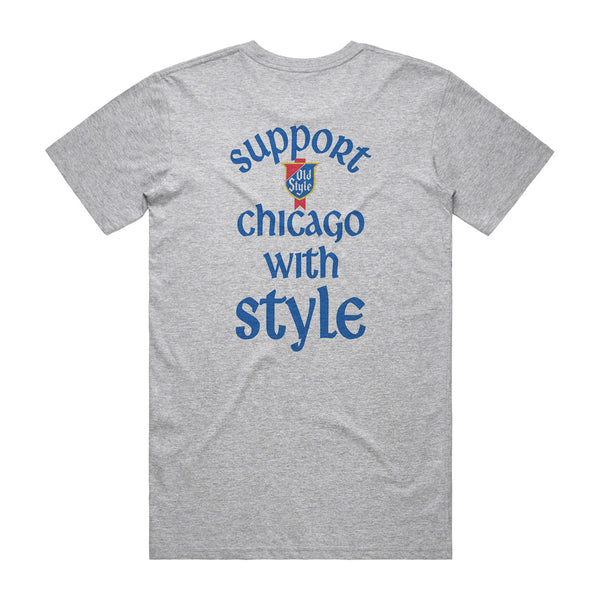 Gray t-shirt that reads "Support Chicago With Style" on back.
