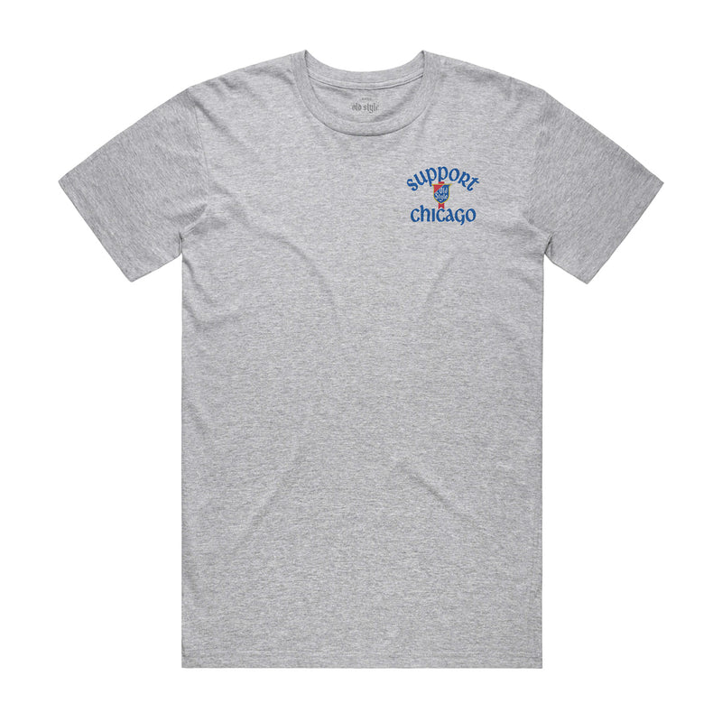 Front of gray t-shirt with "Support Chicago" and Old Style logo on front left chest.