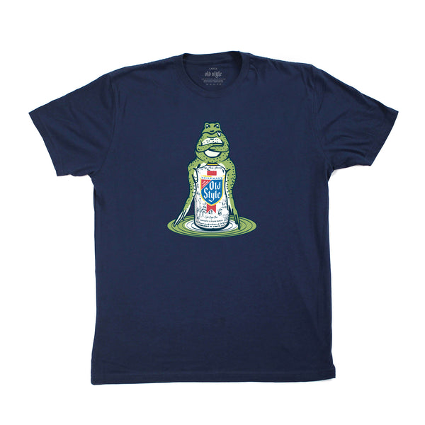 front of t shirt with frog sitting on old style beer design