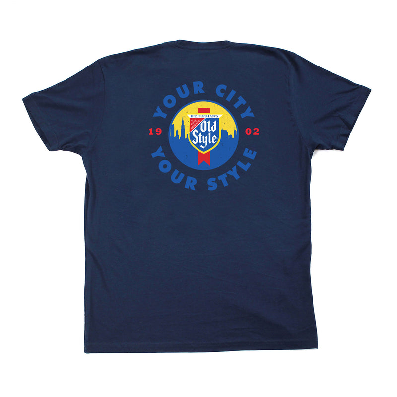 back of navy t-shirt with "your city your style" with old style beer logo on it