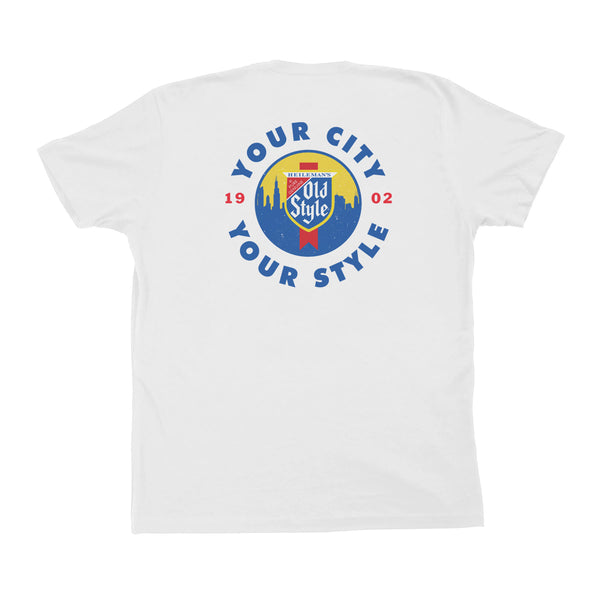 back of white t-shirt with "your city your style" with old style beer logo on it