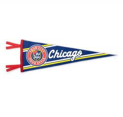 pennant flag with old style logo and chicago lettering on it