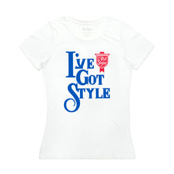 front of woman's t shirt with "I've Got Style" and old style logo on it