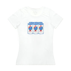 front of woman's t-shirt with 6 pack of old style beer on it