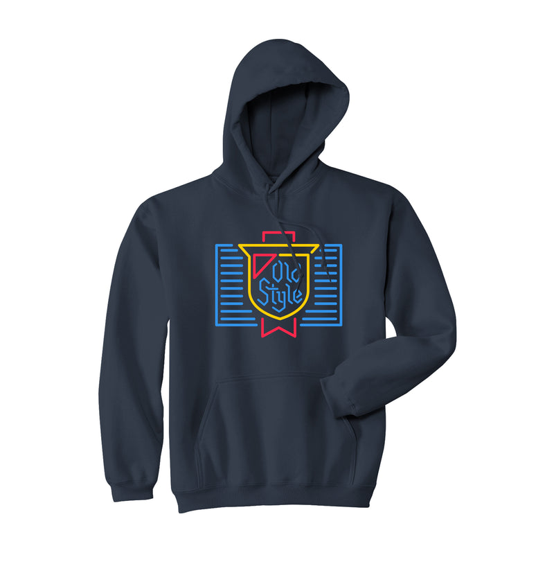 front of hoodie with neon sign of old style logo 