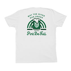 back of t shirt with old style beer cup in front of rainbow design in green and white  