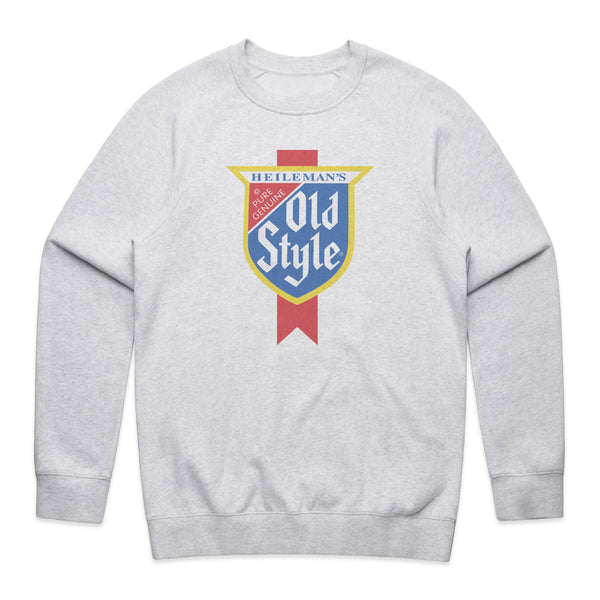 front of crewneck with vintage old style logo